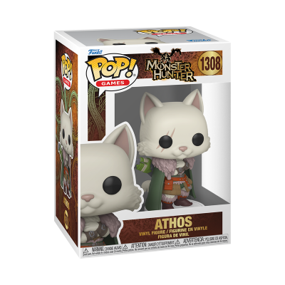 Figura Funko Pop! Athos Monster Hunter no interior da caixa branca com janela