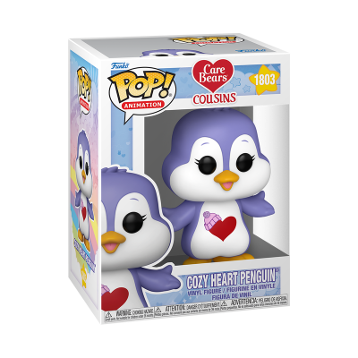 Funko Pop! Cozy Heart Penguin em caixa exibindo figura de pinguim lilás e branco com coração vermelho no peito