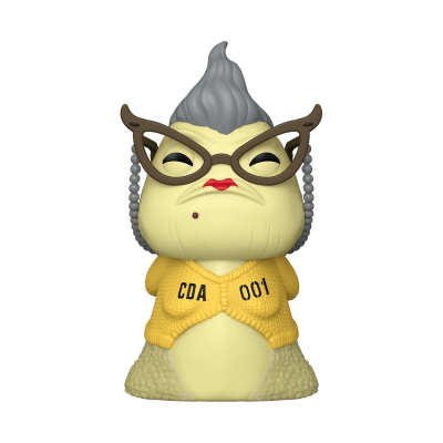 Figura colecionável de personagem com cabelo cinzento e camisola amarela