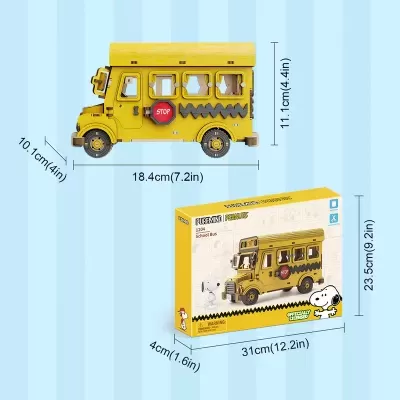 Modelo de autocarro escolar amarelo de madeira e embalagem amarela com imagem do brinquedo e texto.