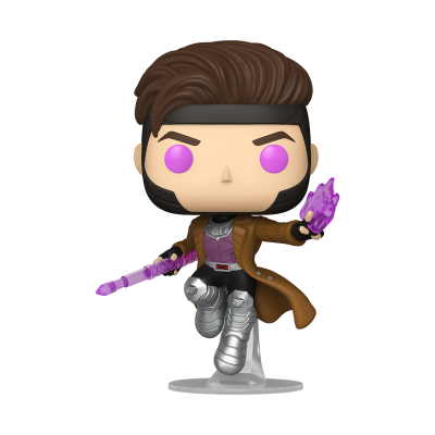 Figura Funko Pop personagem masculino com cabelo castanho e olhos roxos segurando bastão roxo