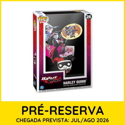 Boneco de vinil Funko Pop! Harley Quinn em embalagem com janela e ilustrações de personagens em fundo preto