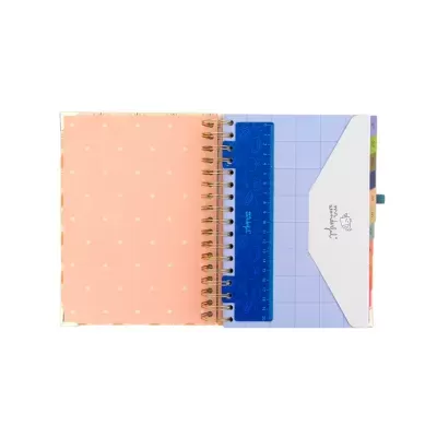 Caderno espiral com capa rosa, divisórias coloridas, régua azul e aba branca com texto e desenho de gato.