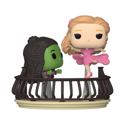 Figuras Funko Pop de duas personagens numa varanda, uma verde com cabelo negro e outra loira de vestido cor-de-rosa.