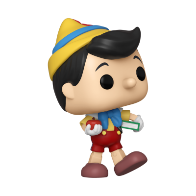 Figura Funko Pop de Pinóquio com chapéu amarelo e roupa colorida segurando uma maçã e um livro