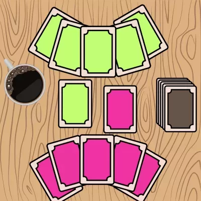 Cartas de jogo coloridas e chávena de café sobre mesa de madeira