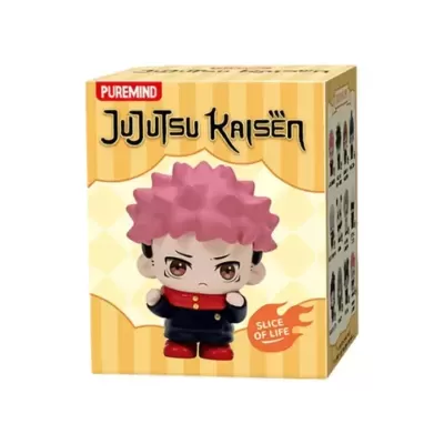 Figura de personagem anime com cabelo rosa em caixa amarela
