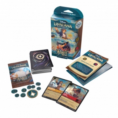 Jogo de cartas Disney Lorcana Azurite Sea com cartas, fichas e embalagem azul