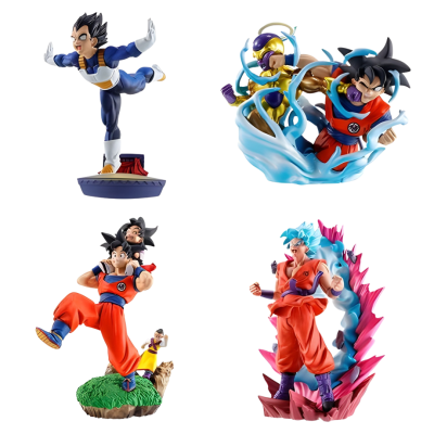 Figuras colecionáveis Dragon Ball em várias poses e cores com bases decorativas.