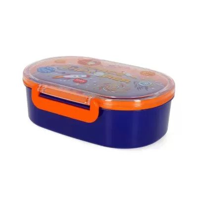 Marmita azul com tampa transparente decorada com tema espacial e fecho laranja