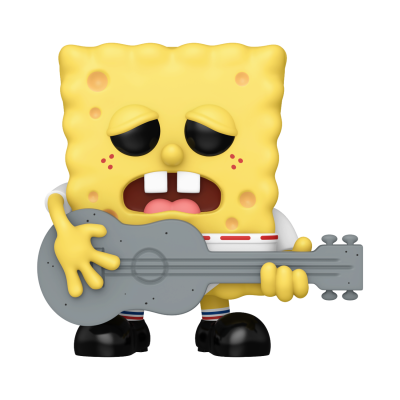 Figura de ação de esponja amarela segurando guitarra cinza