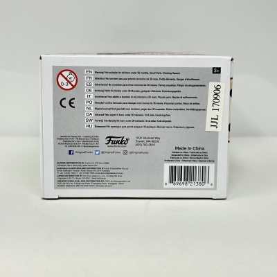 Parte de trás da embalagem de um Funko Pop branca com texto multilingue e código de barras