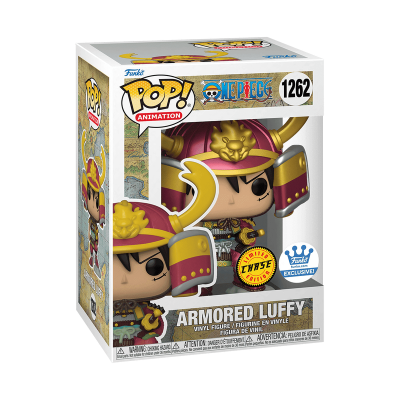 Funko Pop Armored Luffy da coleção One Piece em embalagem com etiquetas Chase Edition e Funko Exclusive