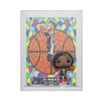 Figura Funko Pop Ja Morant dos Memphis Grizzlies em caixa branca com fundo colorido estilo vitral