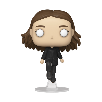 Figura Funko Pop de personagem com roupa preta e cabelo castanho ondulado.