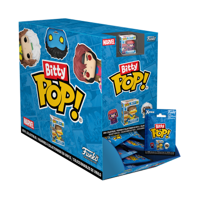 Caixa azul de colecionáveis vinil Bitty Pop! da Marvel com personagens X-Men.
