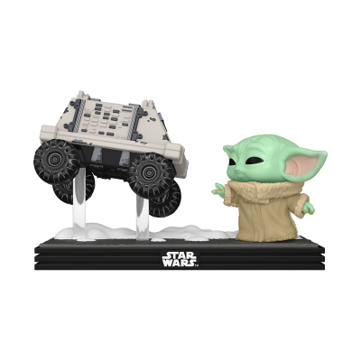 Figura Funko Pop de Baby Yoda com carrinha em base preta Star Wars