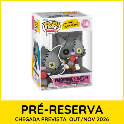 Figura Funko Pop Patchwork Scratchy The Simpsons embalada, com corpo remendado cinza e olhos em botões.