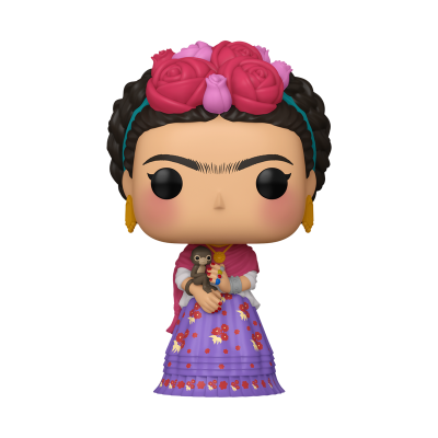 Boneca Funko Pop da artista Frida Kahlo com flores na cabeça e roupa tradicional colorida