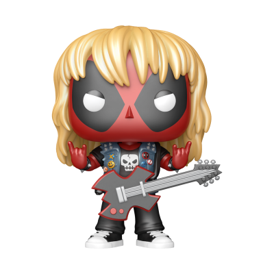 Figura colecionável Funko Pop com máscara preta e vermelha e guitarra eléctrica.