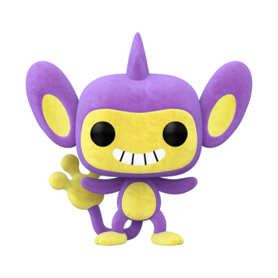 Boneco de pelúcia roxo e amarelo com grande sorriso segurando um osso