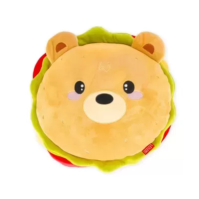Almofada redonda em forma de hambúrguer com rosto de urso felpudo