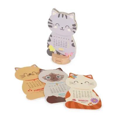Calendário de mesa 2027 em formato de gatos coloridos com base de madeira