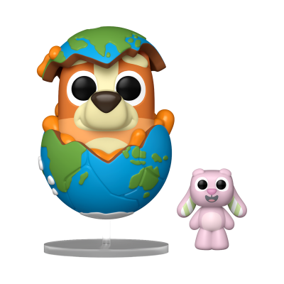 Boneco de cão laranja numa esfera que representa a Terra e figura de coelho rosa