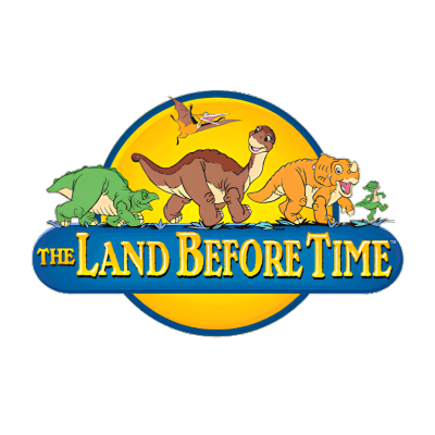 Logótipo colorido com dinossauros animados e texto THE LAND BEFORE TIME
