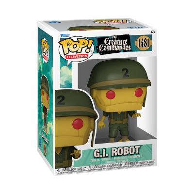 Figura Funko Pop! G.I. Robot com capacete militar verde e olhos vermelhos dentro da caixa.