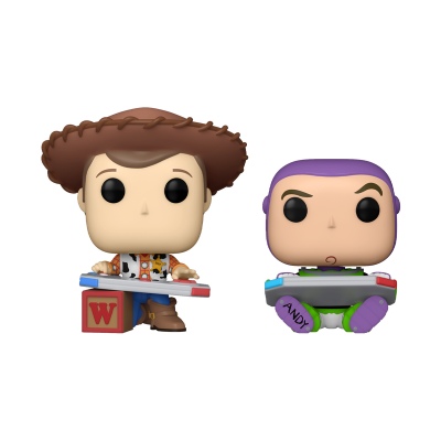 Duas figuras colecionáveis estilo Funko Pop de Woody e Buzz Lightyear sentados
