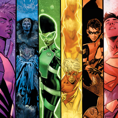 Super-heróis em seis painéis coloridos verticais