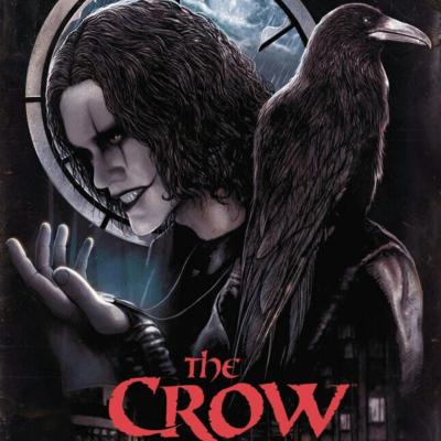 Cartaz do filme The Crow com figura masculina e corvo