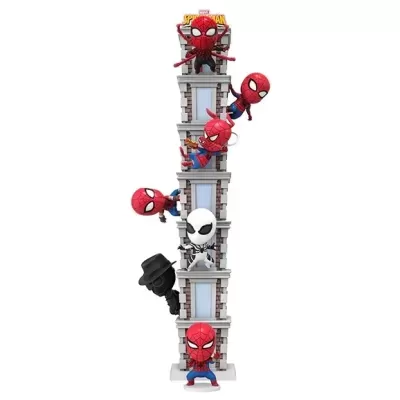 Figuras de ação Spider-Man em estilo chibi escalando edifício cinzento.