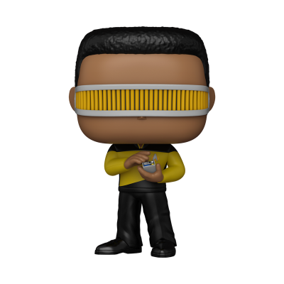 Funko Pop com visor amarelo, camisa amarela e preta, segurando dispositivo pequeno