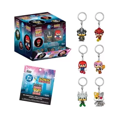 Porta-chaves Funko Pocket Pop! com personagens DC e Sonic the Hedgehog em vinil colorido.