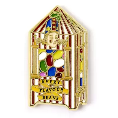 Pin metálico colorido em forma de caixa de feijões variados com texto 'EVERY FLAVOUR BEANS'.
