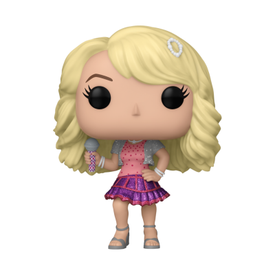 Figura Funko Pop de personagem loira com microfone, vestido rosa e roxo e sandálias cinzentas