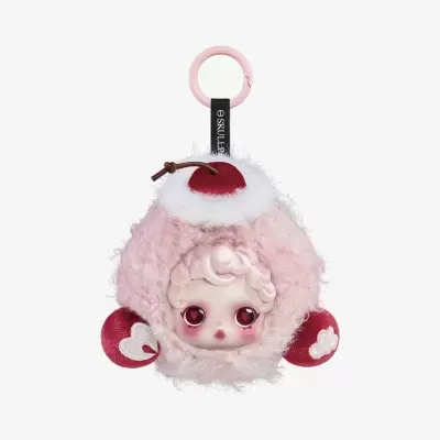Porta-chaves pelúcia cor-de-rosa com rosto de boneca e anel rosa