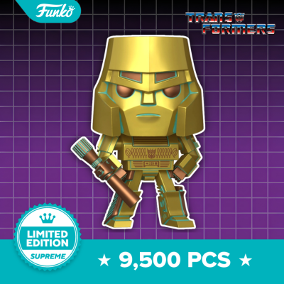 Boneco Funko dourado dos Transformers em fundo roxo com texto de edição limitada