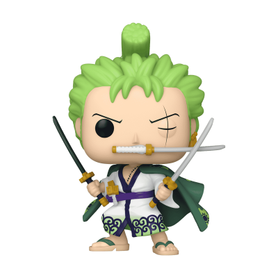Figura Funko Pop de personagem com cabelo verde claro e três espadas