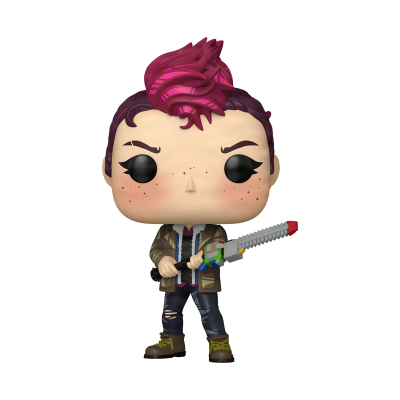 Figura Funko Pop com cabelo rosa e casaco castanho segurando arma colorida