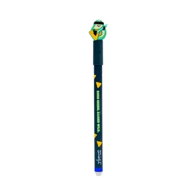 Caneta azul escura com figura de abacate a tocar guitarra no topo