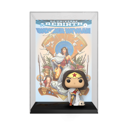 Figura Funko Pop da Mulher Maravilha na frente de banda desenhada DC Universe Rebirth Wonder Woman nº 6.