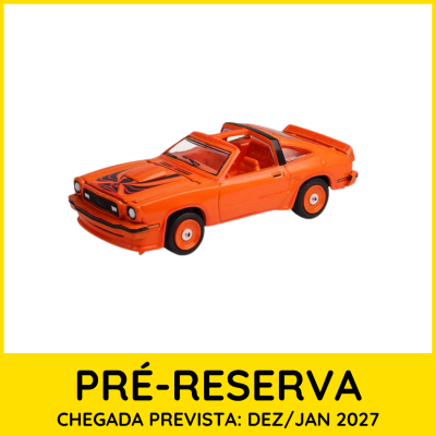 Carro de brinquedo laranja com detalhes pretos em fundo branco com moldura amarela e texto