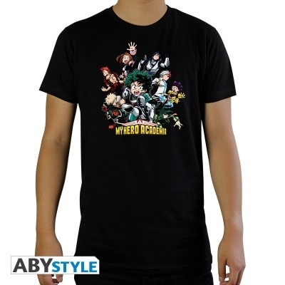 T-shirt preta com estampa colorida dos personagens de My Hero Academia
