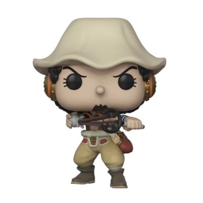Figura Funko Pop de personagem com chapéu bege e roupa bege segurando um objeto