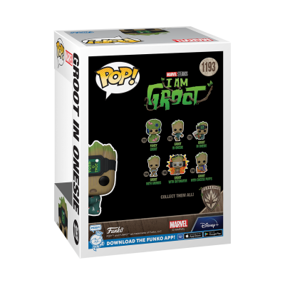 Caixa Funko Pop! do Groot com design preto e branco e imagens das diferentes versões da figura.