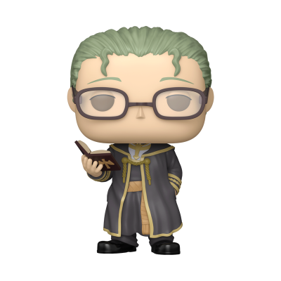 Figura Funko Pop de personagem com cabelo verde, óculos e traje preto com detalhes dourados segurando um livro.