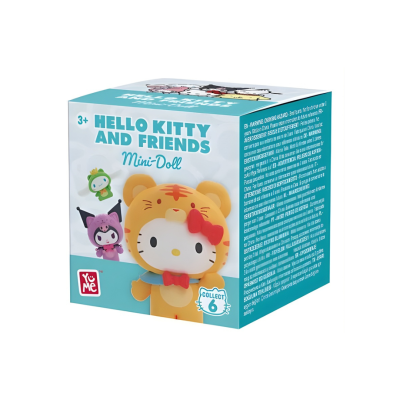 Caixa azul com boneco Hello Kitty vestido de tigre e texto em inglês